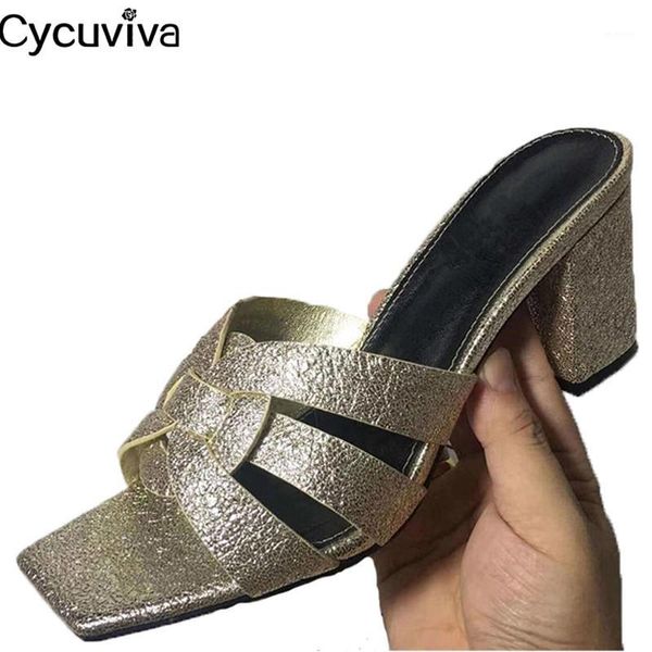 

new square toe chunky heels women slippers cross weave shiny mules summer beach ladies shoes sliver fashion party shoes woman1, Black