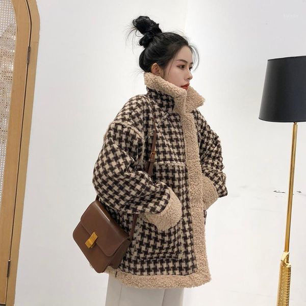 

houndstooth thick coat women's autumn and winter 2020 new loose long-sleeved retro bf style motor jacket1, Black