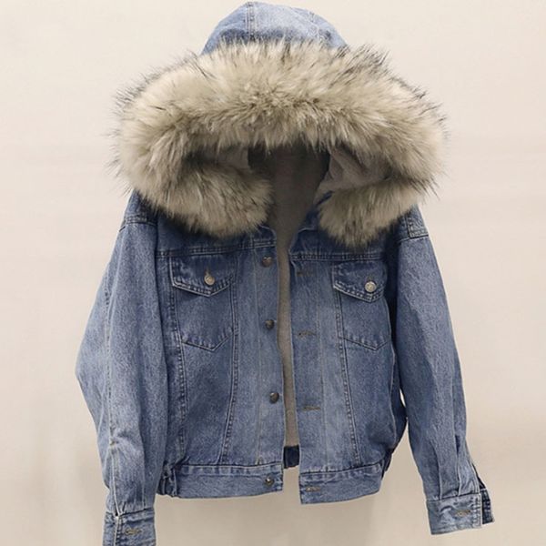 

winter korean thickened plush big fur collar single breasted jeans jacket woollen coat for female fur parka, Black;brown