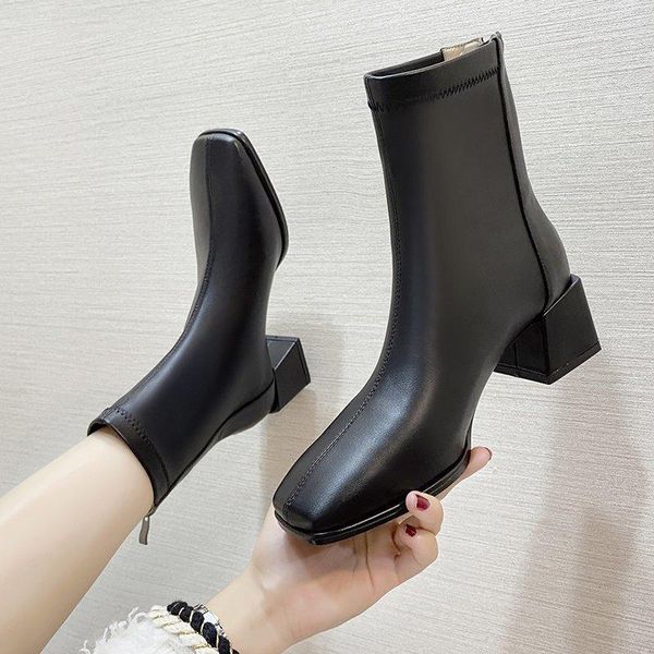 

women ankle boots fashion square heel boots, Black