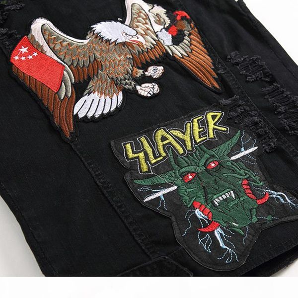 

2019 new men black jeans sets fashion spring embroidered phoenix flower hole distressed suit denim vests +pants mens clothing 2 pieces sets, Gray