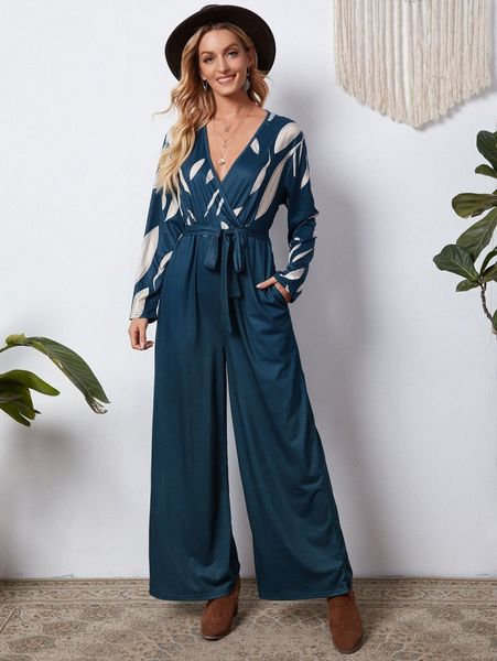 

emery rose color block plunging neck wide leg belted jumpsuit 40ne#, White