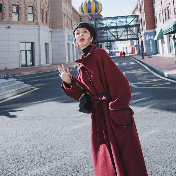 

women's wool & blends women 2021 autumn winter casual blend trench coat oversize long with belt female elegant cashmere outerwear s581, Black