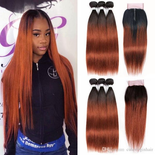 

dark auburn human hair weave 3 bundles with 4*4 lace closure 1b 33 straight ombre brazilian virgin hair pre-colored non-remy hair, Black;brown