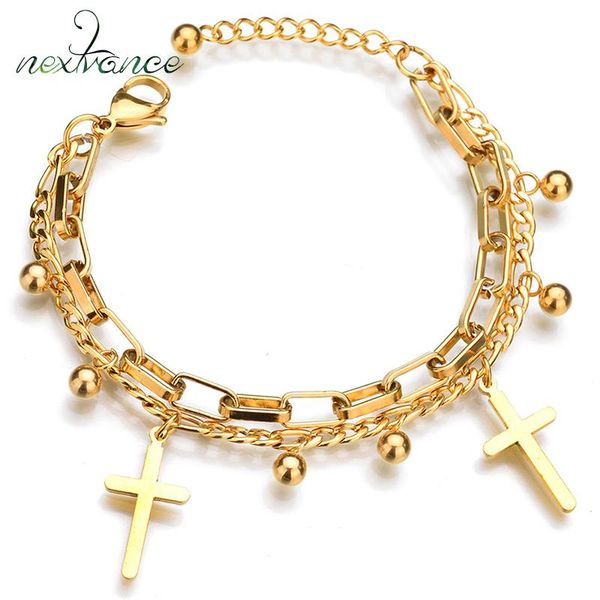 

link, chain nextvance gold cross beads charm bracelet adjust length religious bracelets for male female gift catholic pulseras mujer, Black