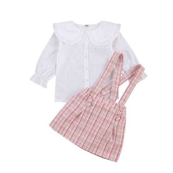 

sweet toddler kids party outfits peter pan collar long sleeve shirt+plaid suspender skirt 2pcs fall spring children girls 2-7y g220217, White
