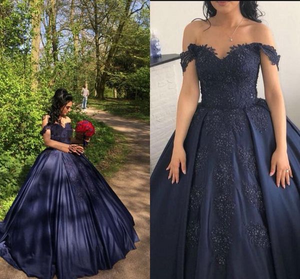 

saudi arabia 2020 темно-синий сатиновый бал для баллы выпускного вечера выпускное платье с плеча с бисером кружева аппликации пухлые выпускн, White;black