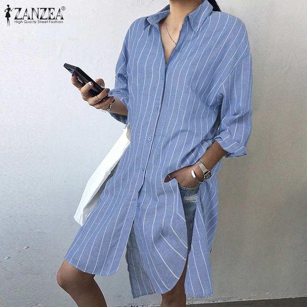 

5xl zanzea women fashion blouses striped shirts long sleeve casual elegant office loose split long blusas femininas mujer, White