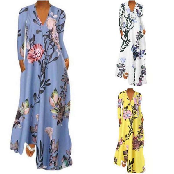 

a-line v-neck long sleeve women's deep pocket print dress, Black;gray