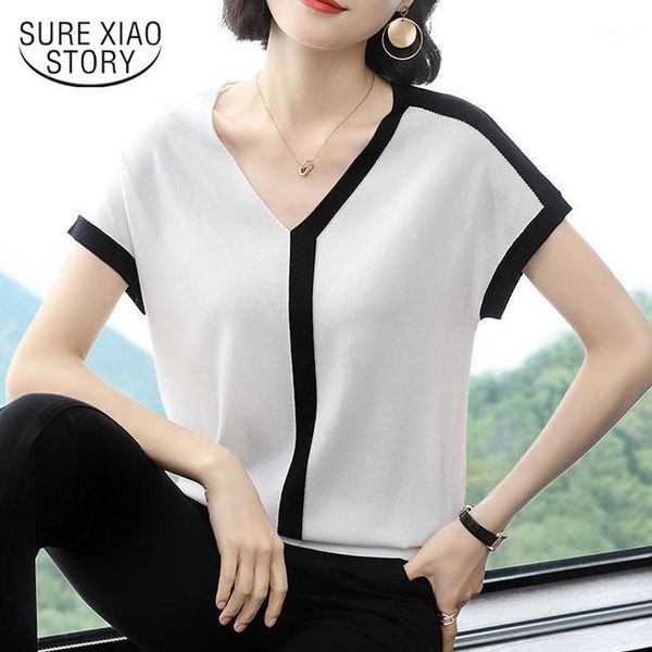

women's blouses & shirts 2021 summer korean casual loose v-neck for women thin cotton knitted short sleeve blouse pullover ladies 9601, White