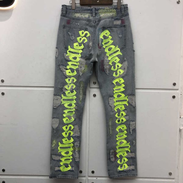 

men women jeans hip hop denim pants embroidered letters hole streetwear jeans, Blue