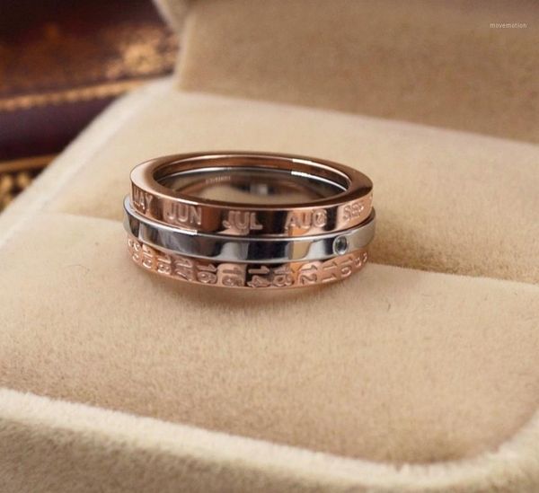 

2020 rotatable date letter rings rose gold color so cool rings for women and men ,stainless steel jewelry 12 months letters ring1, Golden;silver