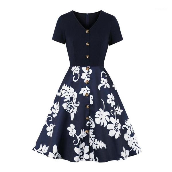

women's floral print button down 1950s retro vintage swing dress1, Black;gray