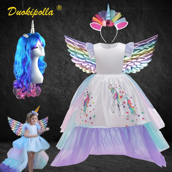 

fancy girl colorful floor length unicorn dress for kids wig halloween children princess birthday party tiered tutu prom dresses lj200923, Red;yellow