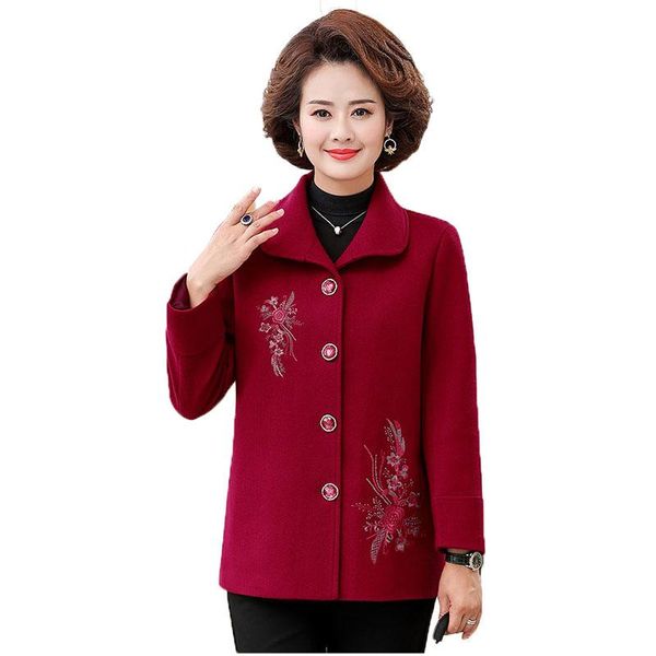 

blended woolen spring autumn coat women's wool jacket short single-breasted embroidery middle-aged elderly mother outwear, Black