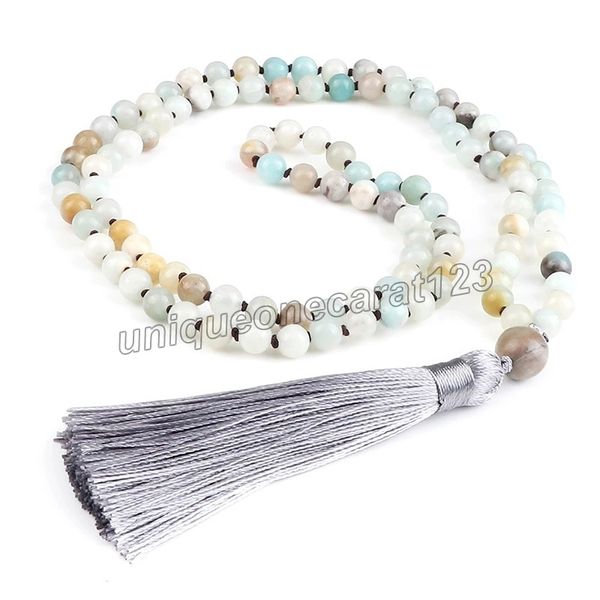 

108 beaded natural amazonite stone necklace for women men boho buddhist long tassel pendant 6mm mala knot necklace jewelry yoga, Silver