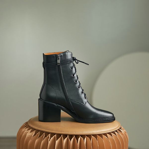 

2021 new quality cow leather ankle square high heel pointed toe women shoes lace up zipper fashion short boots size34-40 afqr, Black