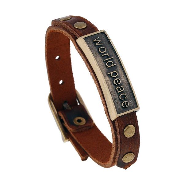 

new arrival men stainless steel bracelet style men jewelry accessories male leather charm world peace wristband pulseira pk-38, Golden;silver
