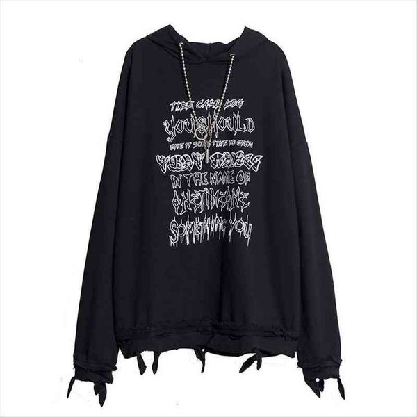 

harajuku style men women dark series chain letter printed sweatshirt destruction hoodie black hip-hop sweatshirt streetwear goth