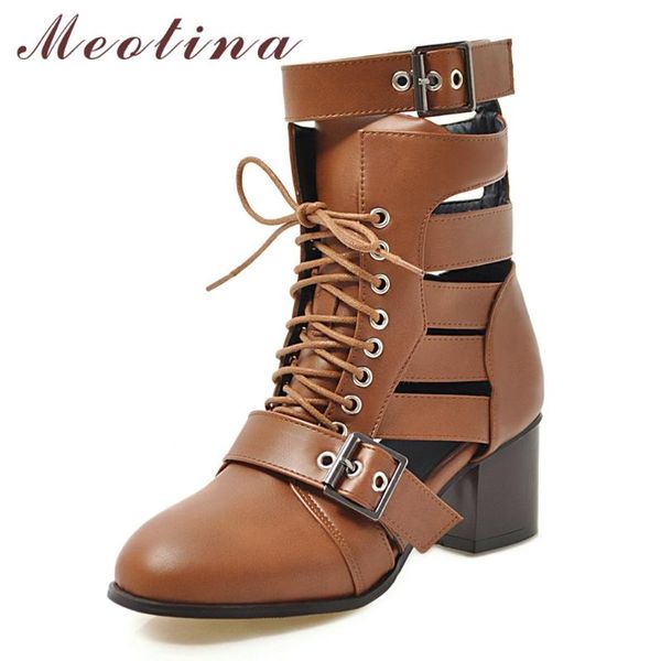 

boots meotina summer women shoes buckle thick high heel motorcycle cutout lace up ladies spring black big size 34-43