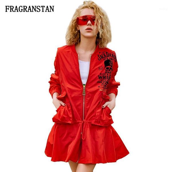 

female spring autumn stand collar red trench coat women fashion letter skull print ruffles plus size casual loose outerwear q7831, Tan;black