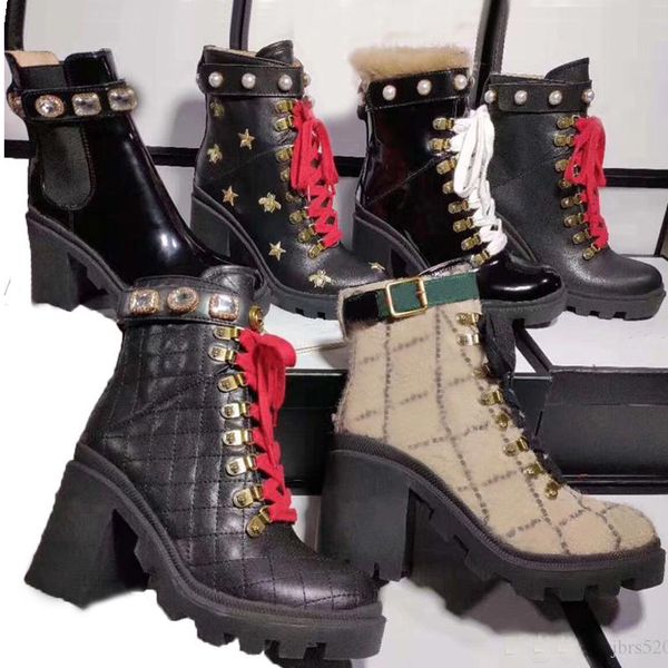 

martin short boots 100% cowhide belt buckle metalpearl women shoes classic bee thick heels leather designer high heeled fashion diamond lady, Black