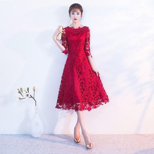 

embroidery red chinese dress qipao cheongsam dresses casual women lace traditional evening gown vestido oriental wedding1