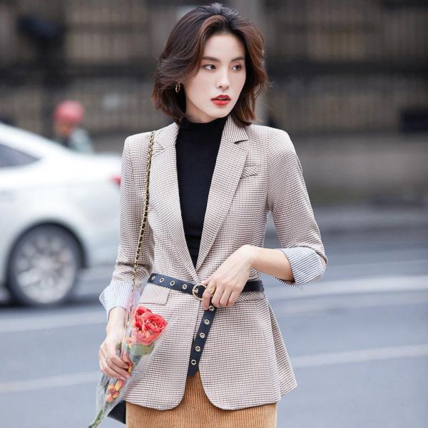 

plaid blazer woman polyester double breasted regular blazers coat long-sleeve notched collar, White;black