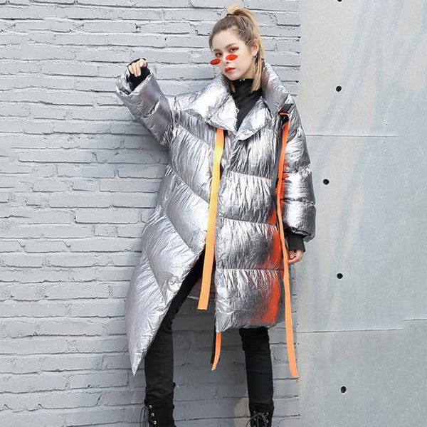 

women's down & parkas 2021 harajuku winter long sleeve cotton padded coat female plus size ribbon patchwork irregular hem women jj2, Black