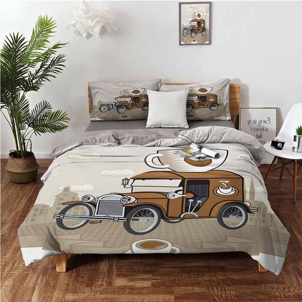 

old fashioned car with coffee cup on the caffeine beverage drinkbedding 3-piece set