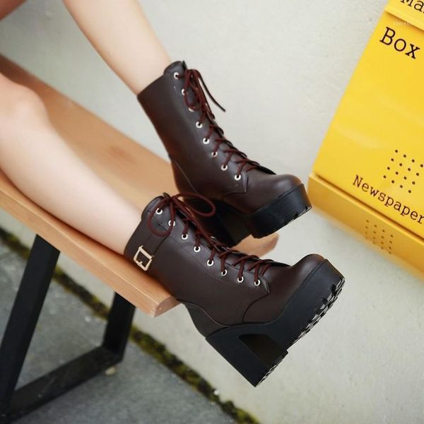 

shoes thick heel short boots medium high autumn and winter women's heel boots women's british style thick bottom1, Black