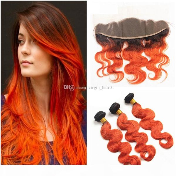 

ombre orange color body wave hair bundles with lace frontal brazilian hair 1b 350 orange ear to ear full lace frontal 13x4, Black;brown