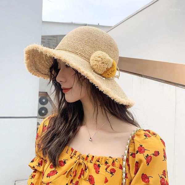 

sun-shading straw hat female beach literature and art small fresh fringed fisherman hat seaside wild1, Blue;gray