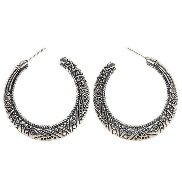 

1 pair bohemia tribal retro punk carve pattern round hoop earrings ancient metal color hip hop earring for women jewelrye843-t2, Golden;silver