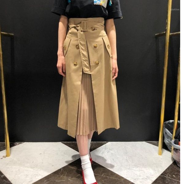 

skirts [ewq] 2021 summer korean trendy ladies bottom garment pleated casual khaki skirt high waist long qv6921, Black