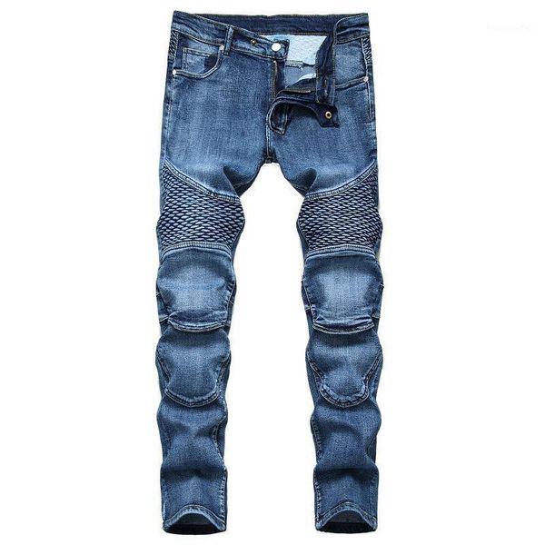 

men's jeans checked splied motorcycle men slim fit straight 2021 pants pleated high street large size 42 trousers1, Blue