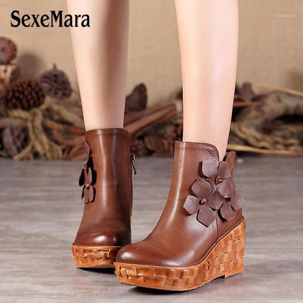 

boots sexemara leather women's boot ankle chunky heel wedges autumn early winter shoes flower womens platform boots1, Black