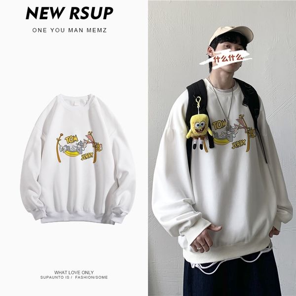 

autumn and winter ins round neck plush printed sweater for men, Black