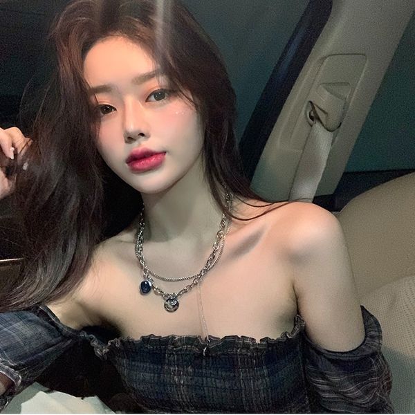 

ins net red chain smiling face necklace female fashion personality hip hop double pendant clavicle chain sweater neck chain, Silver