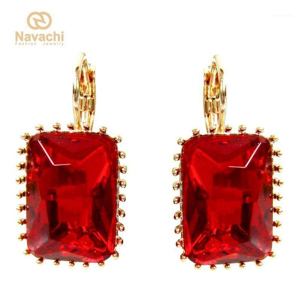 

navachi square red cubic zircon crystal yellow gp leaverback earrings smt27131, Golden;silver