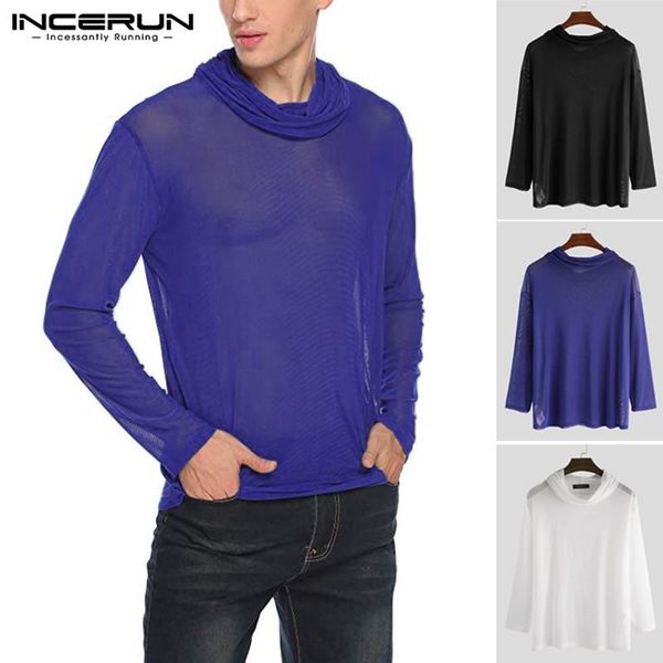 

incerun mesh men t shirt solid color see through party nightclub long sleeve scarf collar fashion t-shirts men s-5xl 7, White;black