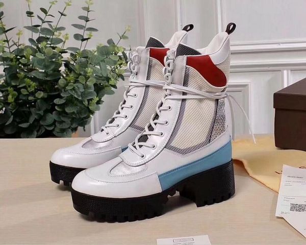 

designer new womens cowhide color matching mesh rubber waterproof high elastic non-slip classic thick heel thick-soled mid-tube womens boo, Black