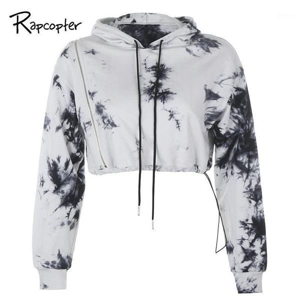 

rapcopter ruched sweatshirt tie dye printed pullovers crop zipper outfits women y2k tee autumn winter hooded sweat new1, Black