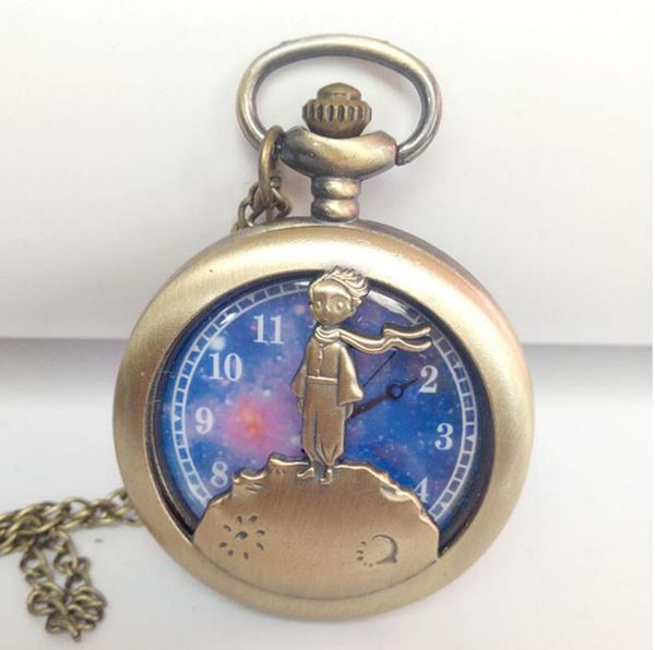 

wholesale 50pcs/lot quartz watches chain bronze retro hollowed out little prince's big pocket watch pocket watches pw009, Slivery;golden