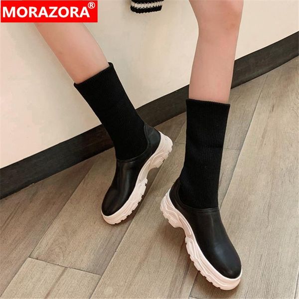 

morazora 2020 large size 33-46 winter fashion soft leather women boots comfortable med heels round toe slip-on ankle boots, Black