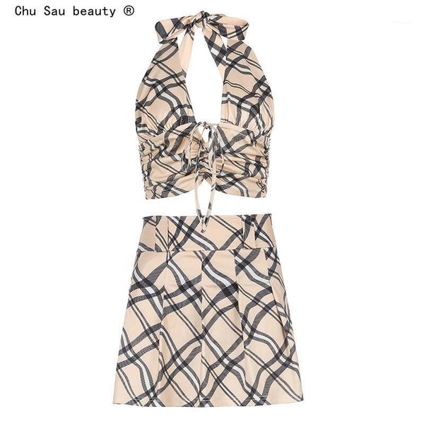 

2020 new ins fashion streetwear style plaid print two piece sets women backless sleeveless crop mini skirts set female1, Gray
