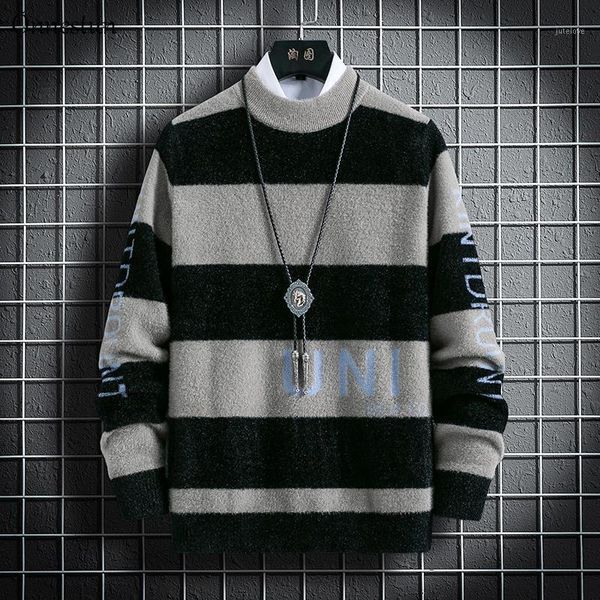 

onnestun warm sweater men new winter men knitted pullover casual faux mink stripes long sleeve half high collar sweater 1, White;black