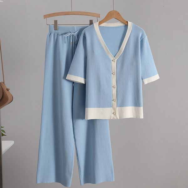 

2021 new spring tracksuits sets wide leg pants suits for knitted half sleeve two piece set cardigan women outfits t97f, White