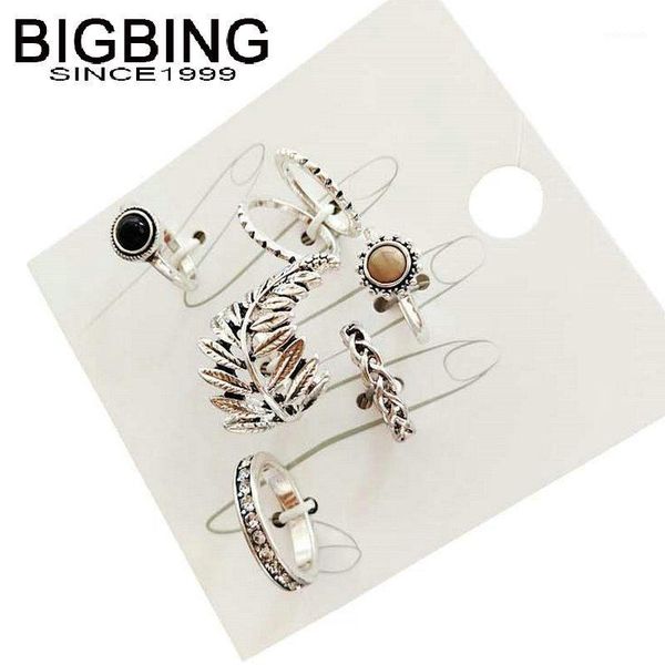 

m080 bigbing fashion 7 pieces retro silver color stone hollow leaf multi size simple finger ring set women fashion jewelry1, Slivery;golden