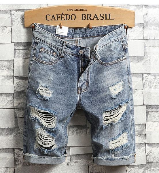 

men big holes denim shorts summer short jeans male solid slim jeans shorts light blue straight denim size 38
